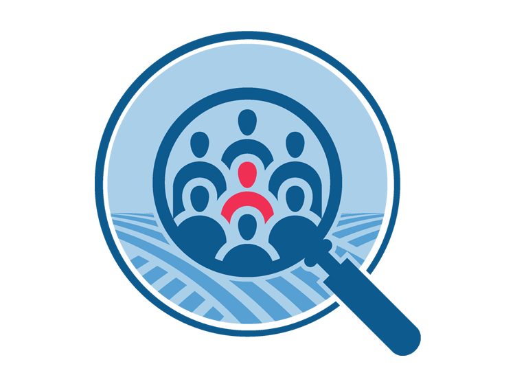 Epidemiology and Data Science division icon depicting a group of people inside a magnifying glass